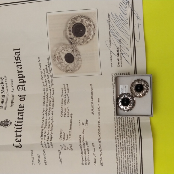 PAIR STERLING SILVER AND SARD ONYX EARRINGS - Picture 1 of 3